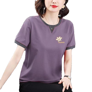 妈妈宽松纯棉短袖T恤女2024新款夏季上衣中老年大码洋气半袖小衫