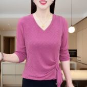 2025春秋洋气宽松显瘦V领上衣女新款 中老年妈妈装 烫钻长袖 T恤大码