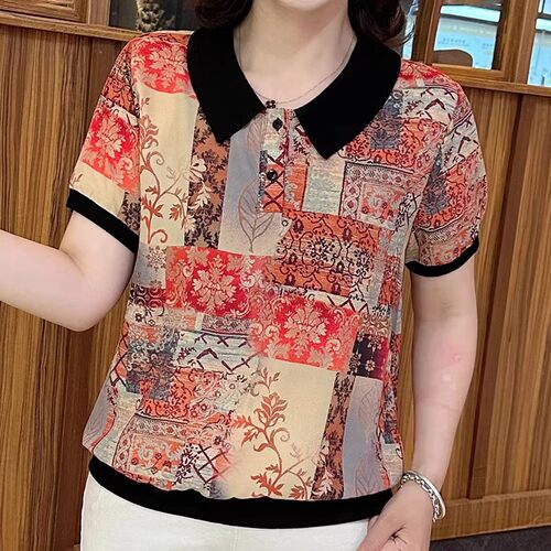 翻领印花显瘦短袖T恤女上衣