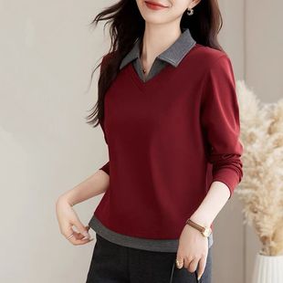 新款翻领显瘦中年妈妈洋气减龄上衣春秋大码polo假两件长袖t恤女