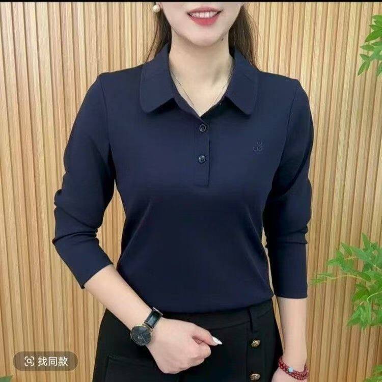 春秋时尚洋气女士长袖t恤大码宽松翻领上衣中老年妈妈POLO打底衫