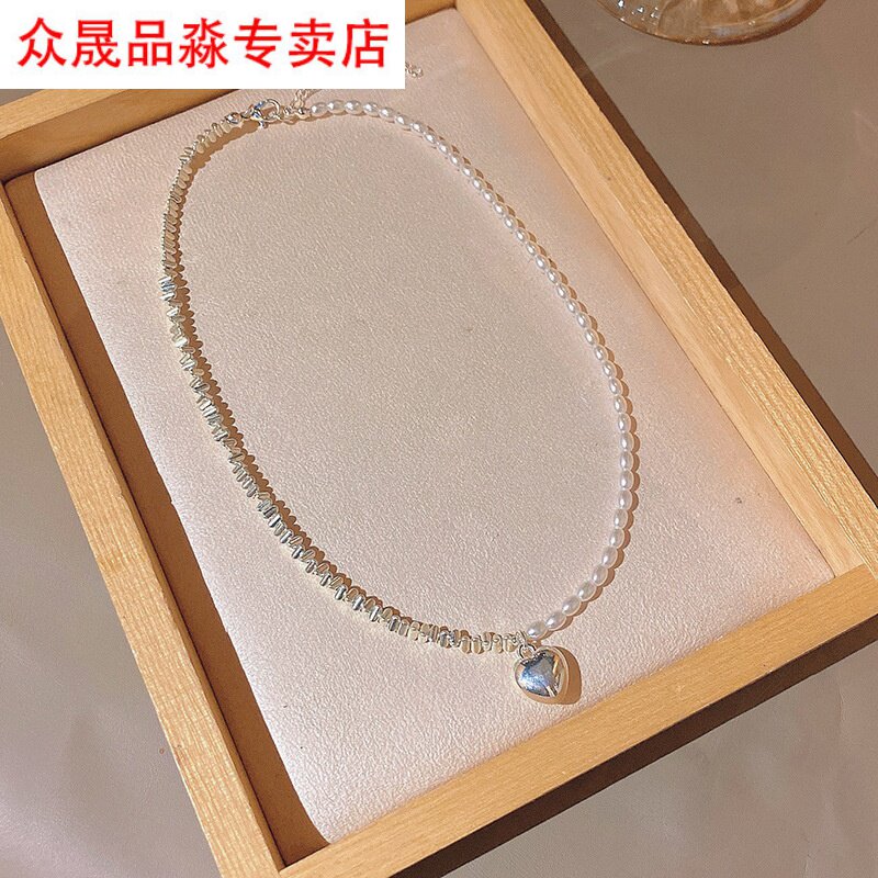 速发s潮设计感拼接碎银几两珍珠项链百搭气质爱心锁骨链
