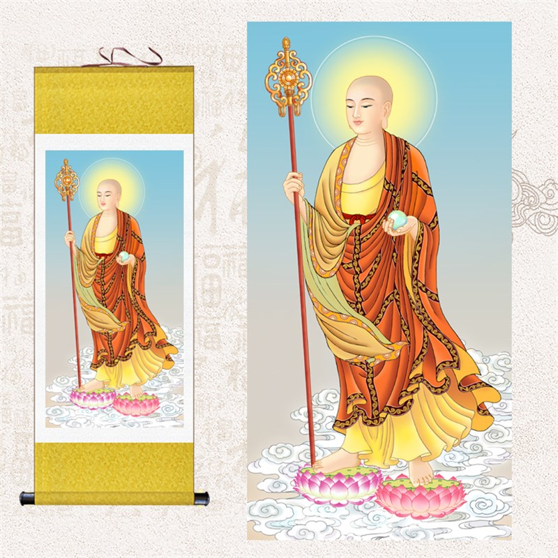 速发站立地藏丝菩萨挂挂王绸画高清佛像画画轴卷轴装裱佛像画
