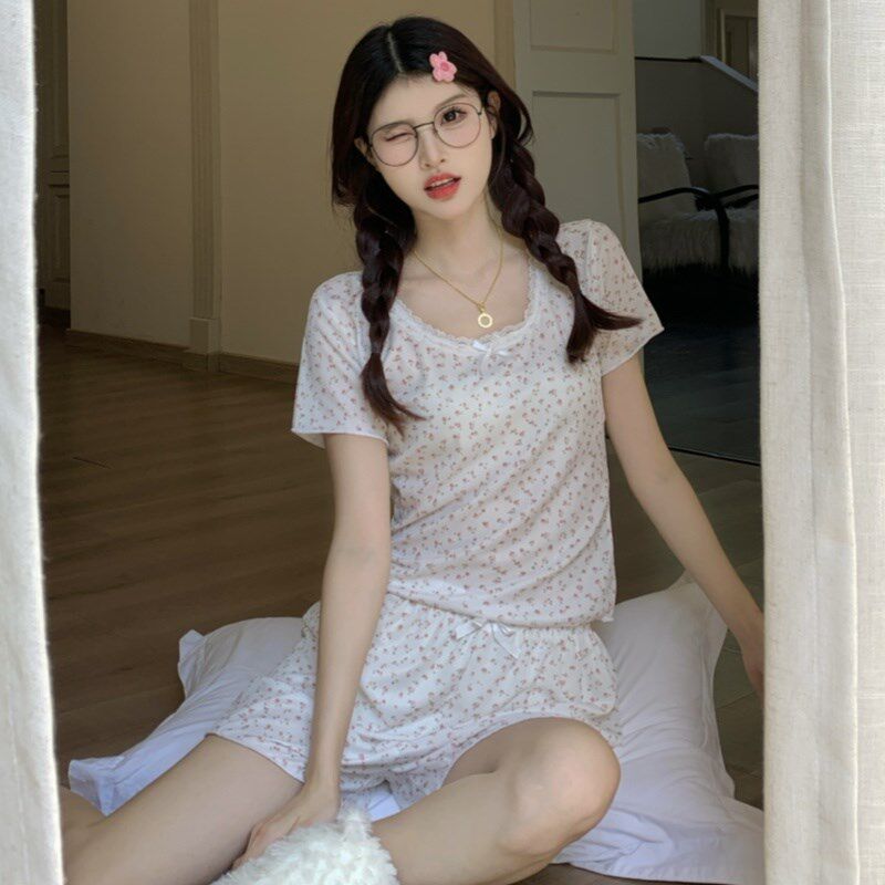速发螺纹睡衣夏季薄款甜美花边可爱碎花大码三件套装家居服