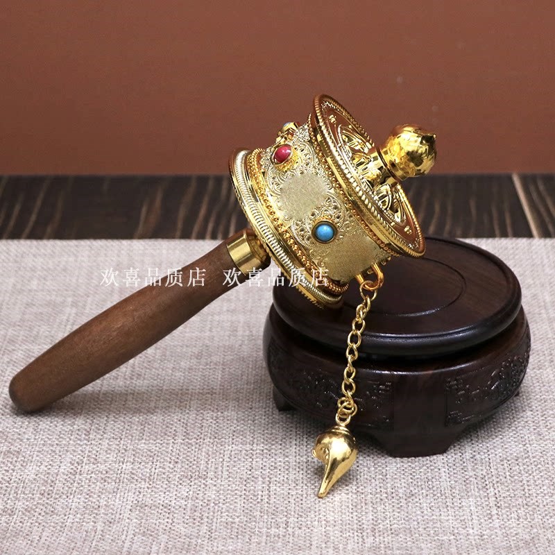速发藏族转金简手摇金轮六字真言大号转金桶藏式小转金筒合金底座