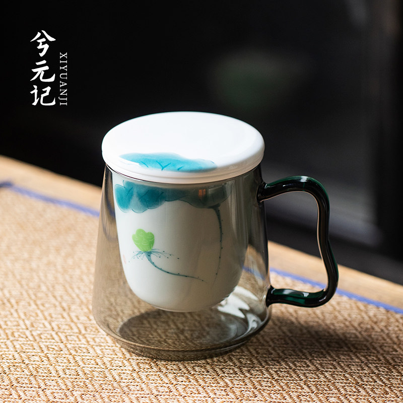 速发手绘荷花带盖过茶茶杯杯公用办家大容量个人专用滤水分离杯