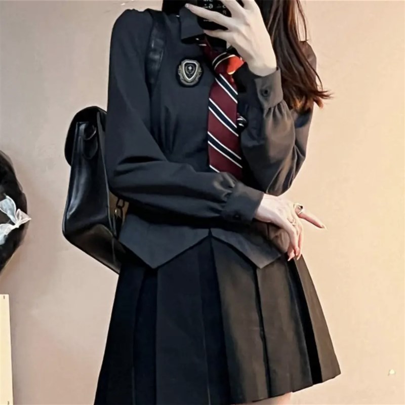 速发jk制服套装春小学院风长妹纯欲收腰辣袖设计感秋众衬衣上衣