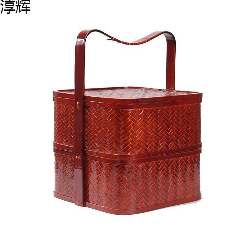 速发?提亲代子竹编木质结婚古篮食盒提篮子多层手提拍摄水收果纳