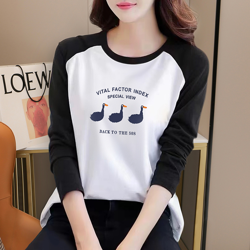 速发T025春新款插肩袖长袖2恤内搭打衫底撞色宽松纯棉上衣