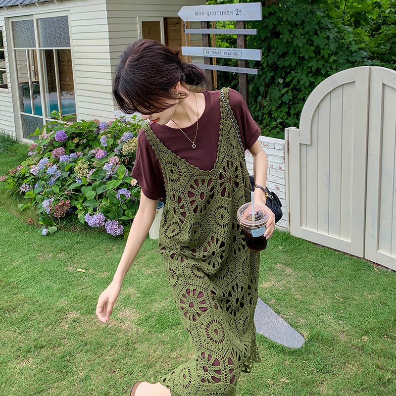 速发绿色蕾丝恤花叠穿套装连衣裙夏小裙不撞款盐甜系t勾众小个子