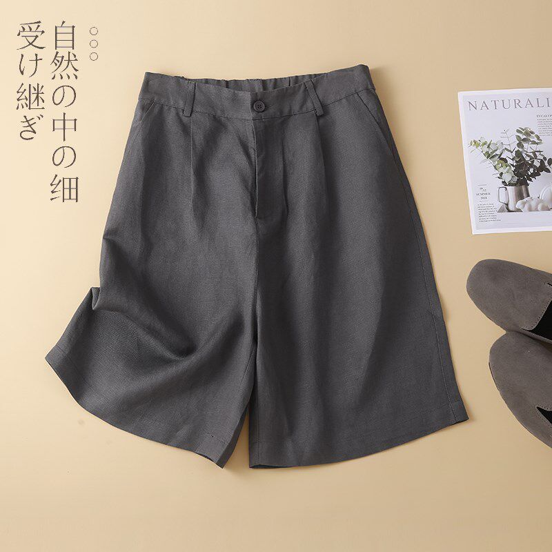 速发高端棉麻短裤夏季薄款通勤简约休闲阔腿裤高腰直筒亚麻五分中