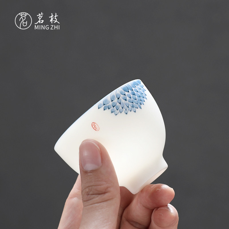 速发茗枝白瓷茶杯主人杯单杯手绘青花品茗杯素烧羊脂玉功夫茶具小