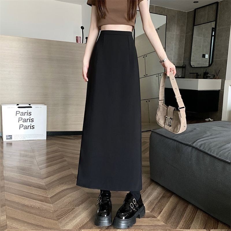 速发黑色半身裙薄款胖妹妹mm宽松遮肚到脚踝开叉直筒裙