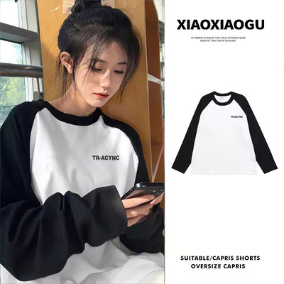 速发纯棉插港袖ts长袖春秋over恤ize大码肩风宽松简约百搭套头上