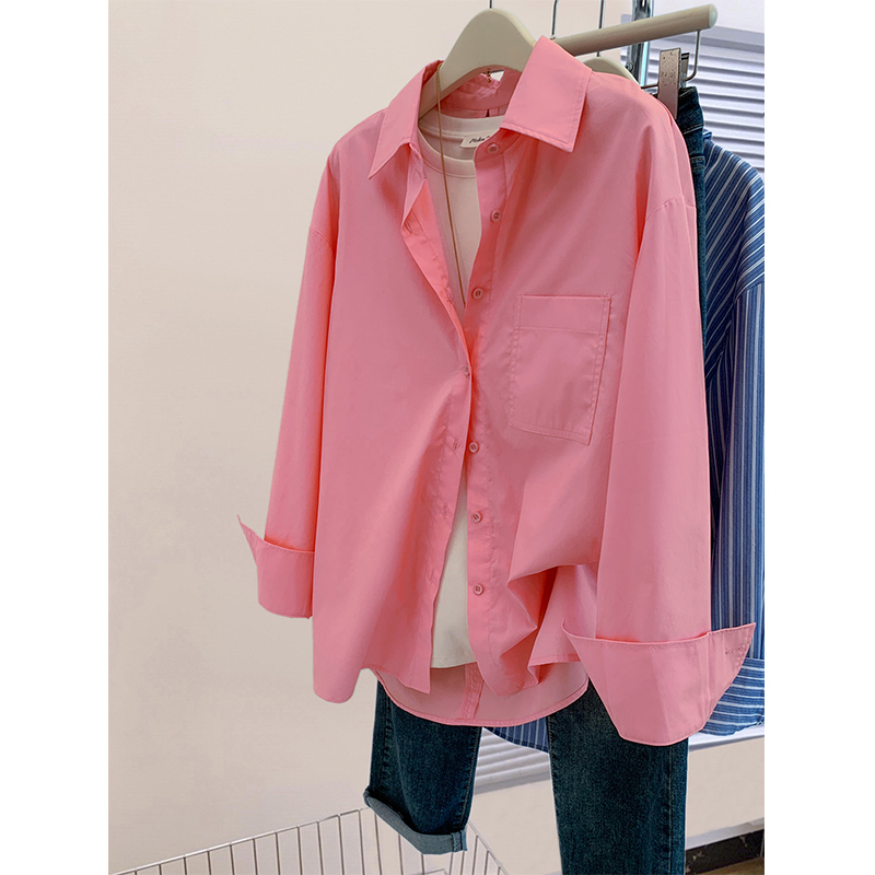 速发粉色春袖外套20早52秋新款法式宽松长日衬衣设计感小众上衣