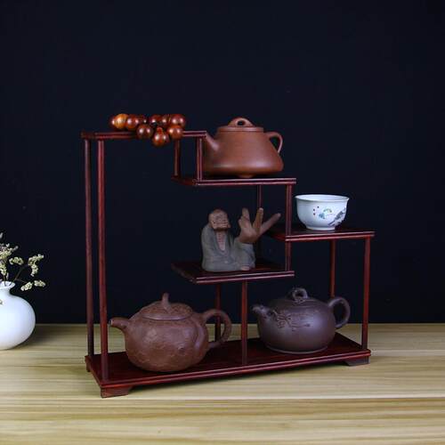 速发红木小博古架实木榫卯结构茶壶架红酸枝多宝阁茶具展示收纳置