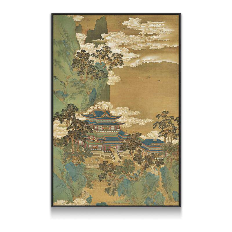 仙山楼阁新中式玄关挂画走廊过道古典风景壁画书房茶室竖版装饰画