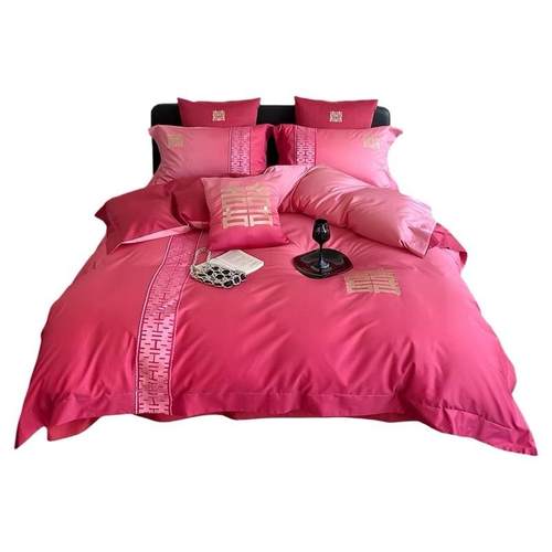 渐变色婚庆四季贡缎长绒棉四件套红色结婚现代风刺绣被套床上用品