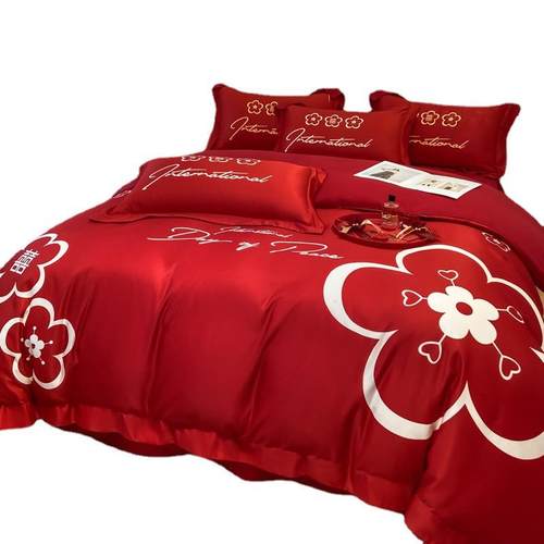 高档红色婚庆四件套结婚喜被新婚床单被套床笠款女方陪嫁床上用品