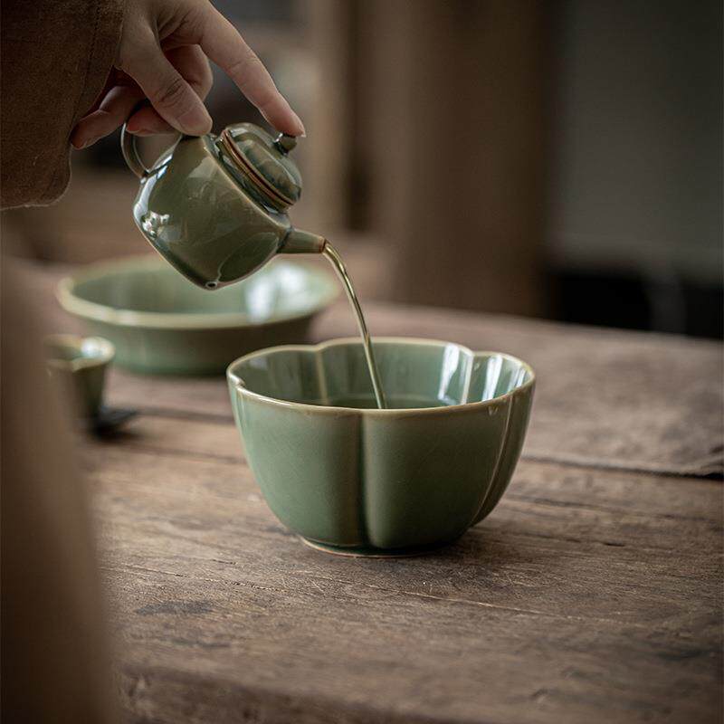越窑青瓷花瓣建水耀州窑花型水盂废水缸茶道配件茶洗烟灰缸