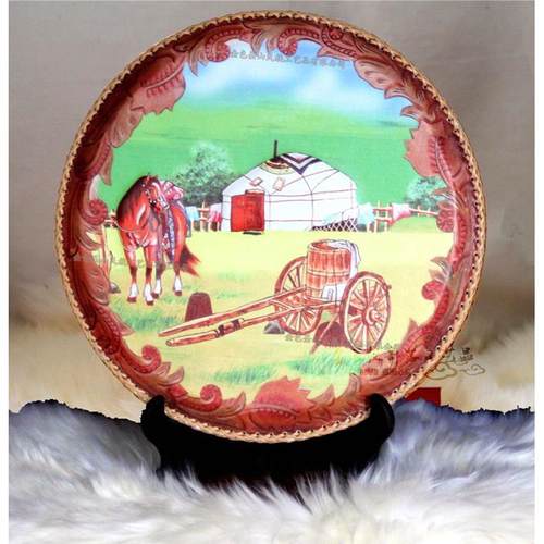 ZQ内蒙工艺品画圆形摆台成吉思汗皮画蒙古包民族特色装饰画客厅摆