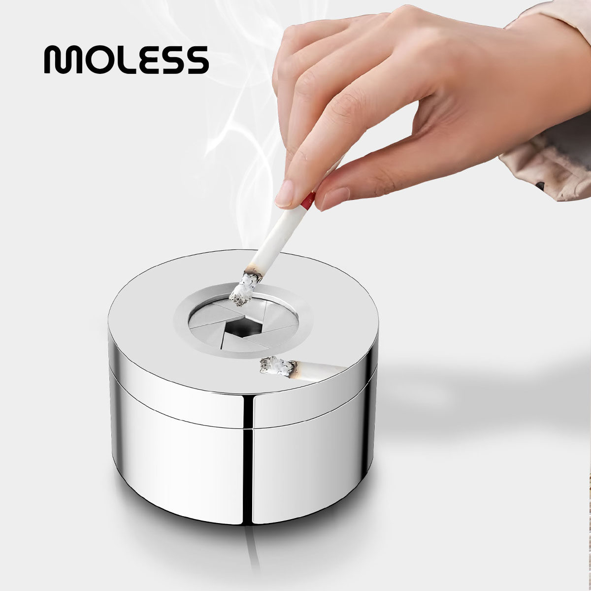MOLESS欧式轻奢不锈钢旋转防飞灰烟灰缸客厅茶几桌面装饰品摆件