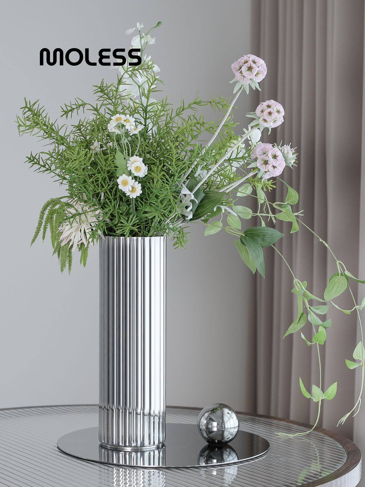 MOLESS北欧简约居家客厅茶几插花装饰花瓶创意不锈钢圆柱花器摆件,家居饰品,桌面摆件,淘宝优惠券,粉丝福利购,淘宝优惠卷