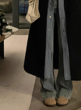 黑色假两件皮毛一体彷羊羔毛外套女冬加绒加厚保暖中长版过膝大衣