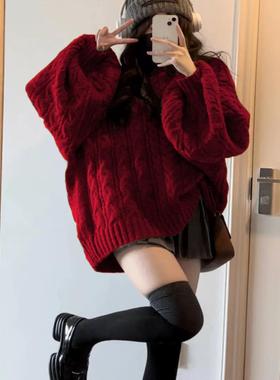 200斤胖MM慵懒风V领宽松安哥拉红麻花毛衣女学生秋冬外穿百搭针织