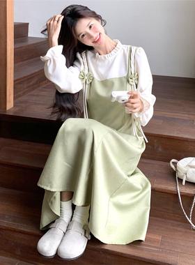 法国绿色假两件套女装2025新款秋季高端减龄长袖显腰长裙