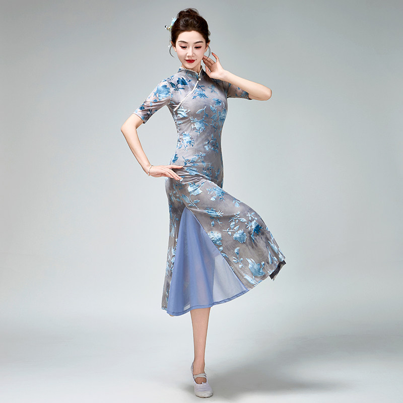 古典舞蹈服2025新款扎染植绒旗袍身韵中国舞古风舞蹈服演出服