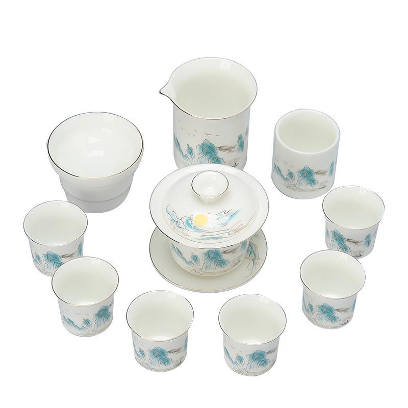 晟翔陶瓷家用茶具茶杯复古茶具套装江南水乡11头简约盖碗