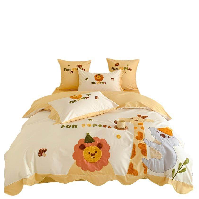 卡通风长绒棉四件套可爱动物贴布刺绣儿童款全棉被套床品,床上用品,床品套件/四件套/多件套,淘宝优惠券,粉丝福利购,淘宝优惠卷