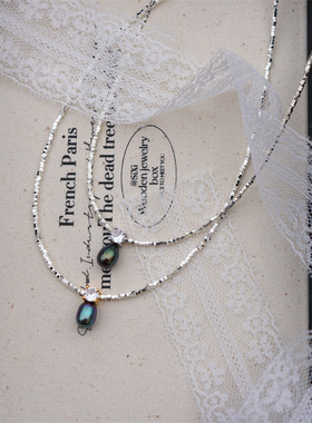 原创设计冷淡风碎银子水滴黑色珍珠项链中古vintage艺术感锁骨链