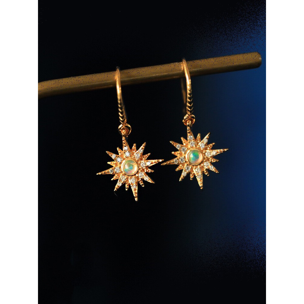 原创设计镀金六芒星高级感欧泊耳环中古vintage艺术西洋古董耳钉