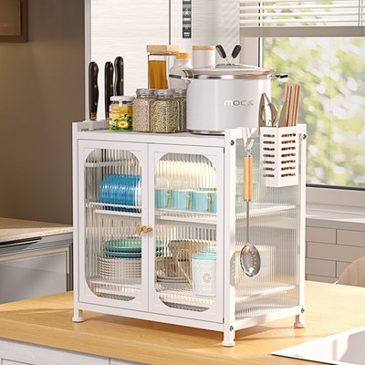 厨房碗碟多层收纳柜沥水台面带门碗盘收纳置物架多功能微波炉架子