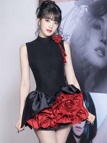 越南正品代购Moulinrose无袖拼接撞色玫瑰花连衣裙高级感气质礼服