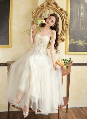越南小众品牌SoVintage吊带长款法式拼接网纱连衣裙名媛优雅礼服