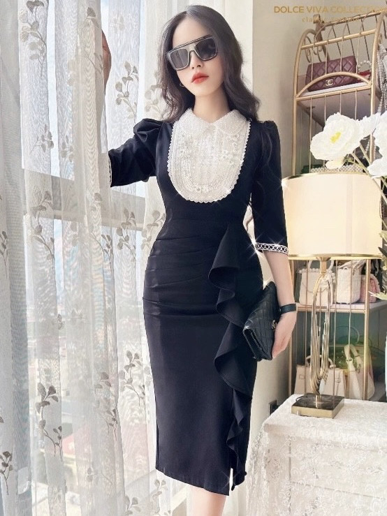 现货L越南服装DVC修身开叉连衣裙显瘦气质钉珠拼接娃娃领