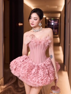 越南正品代购Moulinrose抹胸鱼骨透视绑带提花露肩蓬蓬裙公主风