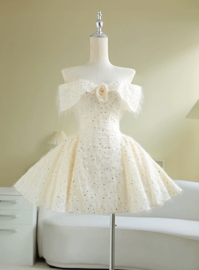 越南小众品牌SoVintage 露肩一字领花朵亮片连衣裙法式甜美小礼服