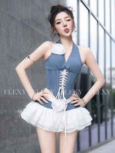 越南正品代购FLEXY挂脖花朵绑带拼接上衣+半身裙套装辣妹时尚