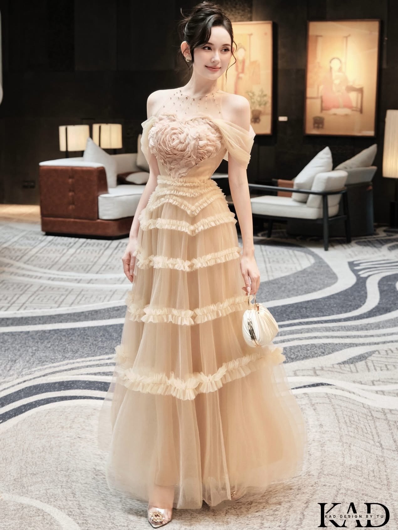 越南正品代购Kad Design网纱木耳边花朵连衣裙长款甜美宴会礼服