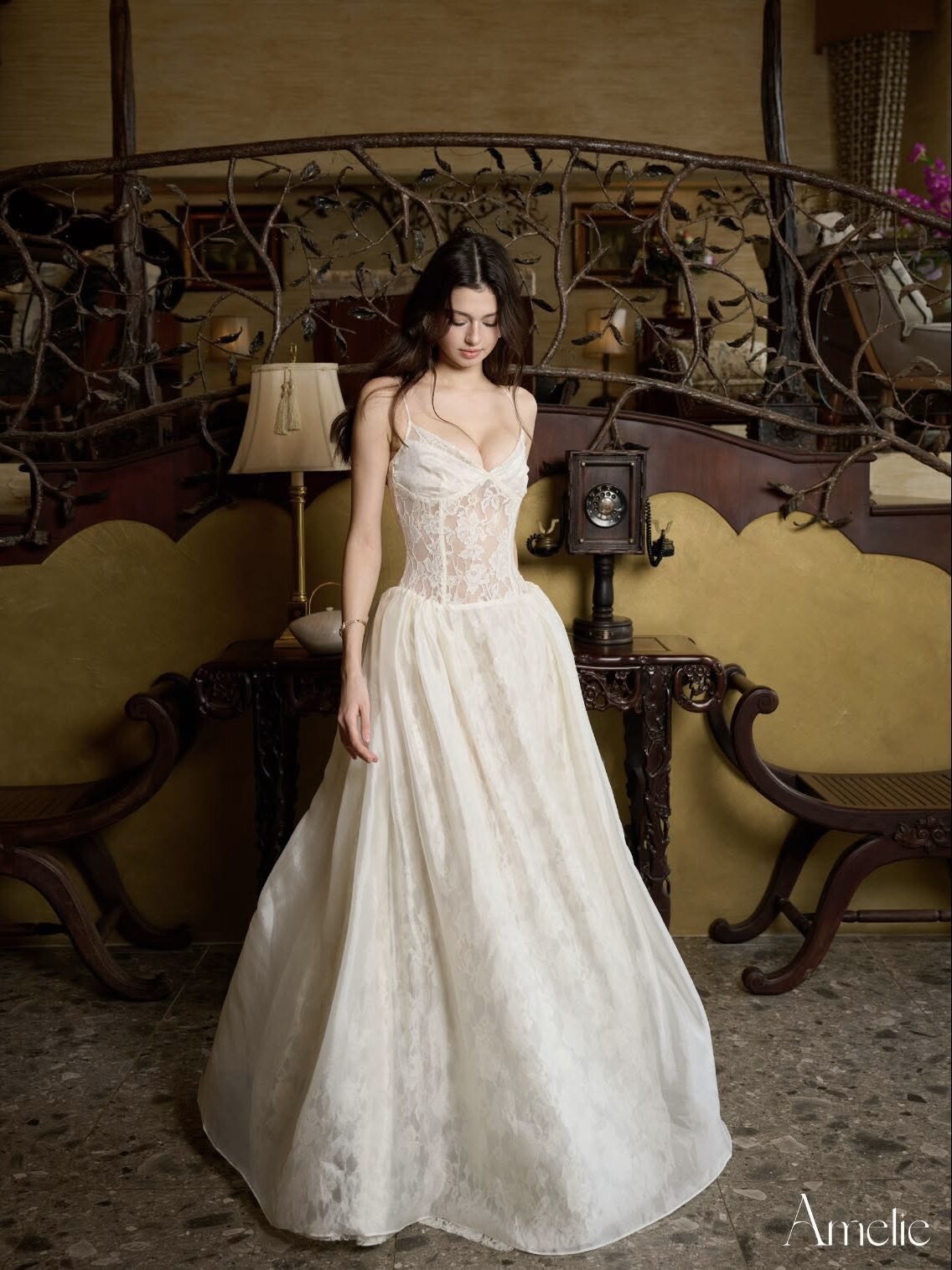 越南正品代购AMELIE蕾丝吊带拼接长款连衣裙优雅名媛气质礼服