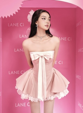 越南小众品牌LANECI抹胸鱼骨蝴蝶结拼接蓬蓬裙甜美性感辣妹连衣裙