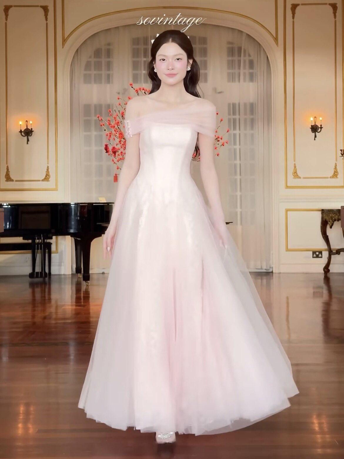 越南正品代购SoVintage抹胸雪纺网纱拼接长款连衣裙优雅甜美礼服