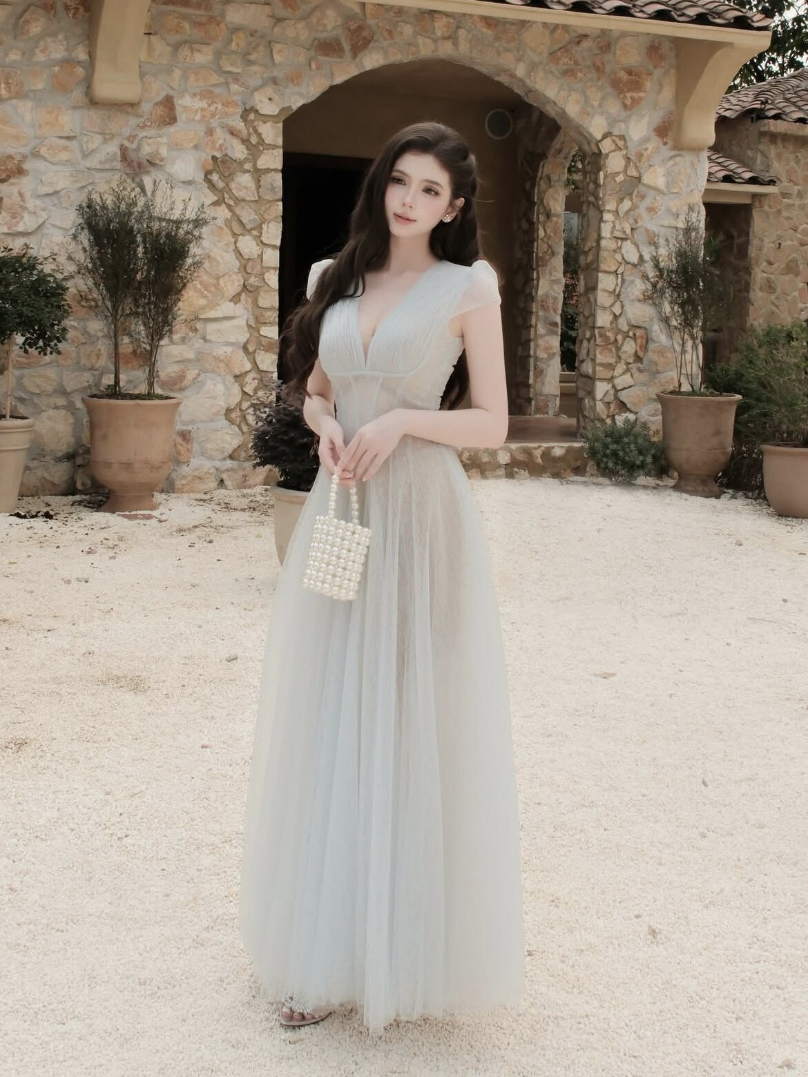 越南正品代购SoVintage蕾丝网纱V领收腰连衣裙优雅仙女长款礼服