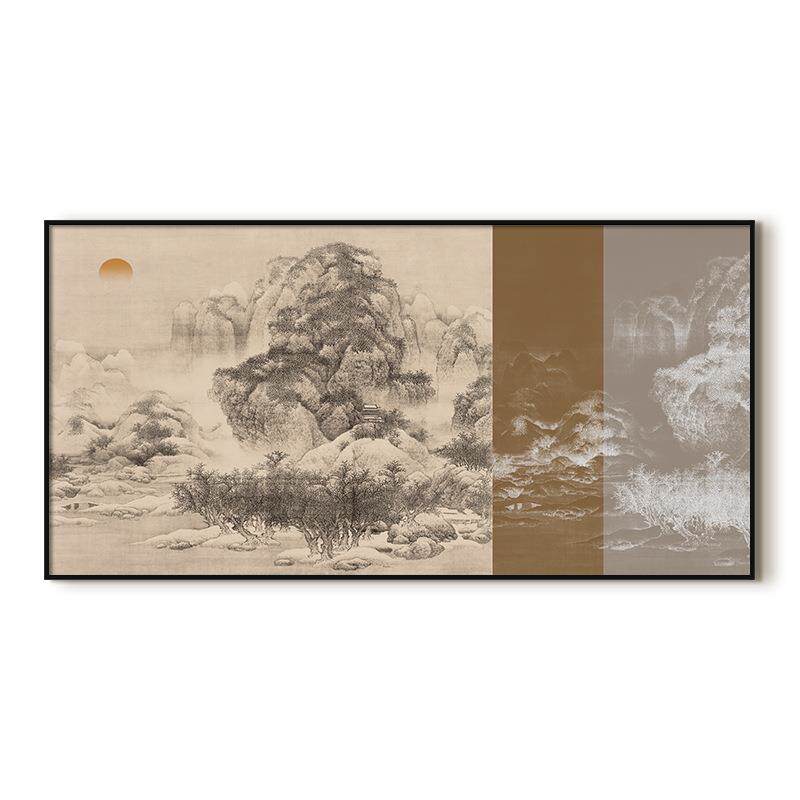 新中式大气山水客厅装饰画大尺寸茶室酒店餐厅画横版建筑挂画