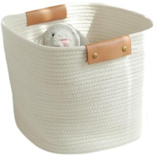 编织棉线绳衣物桌面收纳筐脏衣篮可拆卸四合扣皮革把手家用整理箱