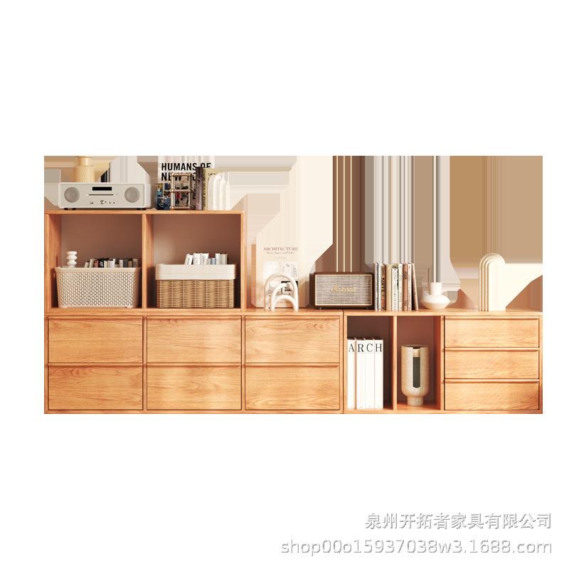 日式实木书柜组合家用书房落地多功能收纳抽屉柜客厅靠墙视听柜
